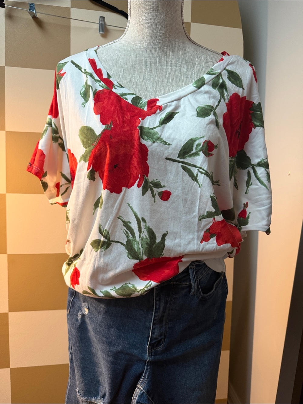 Honeyme White Short Sleeve Tee with Red & Green Floral Print